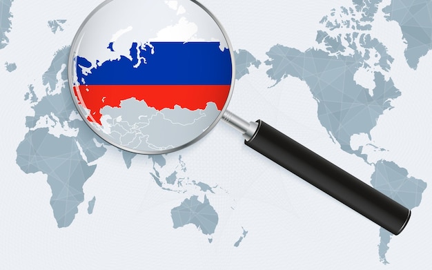 Asia centered world map with magnified glass on Russia Focus on map of Russia on Pacificcentric World Map