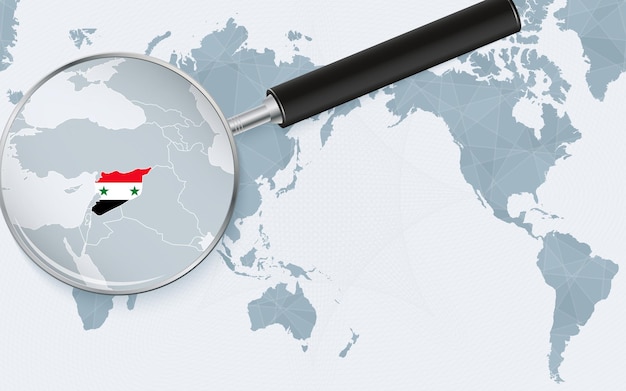 Asia centered world map with magnified glass on Syria Focus on map of Syria on Pacificcentric World Map