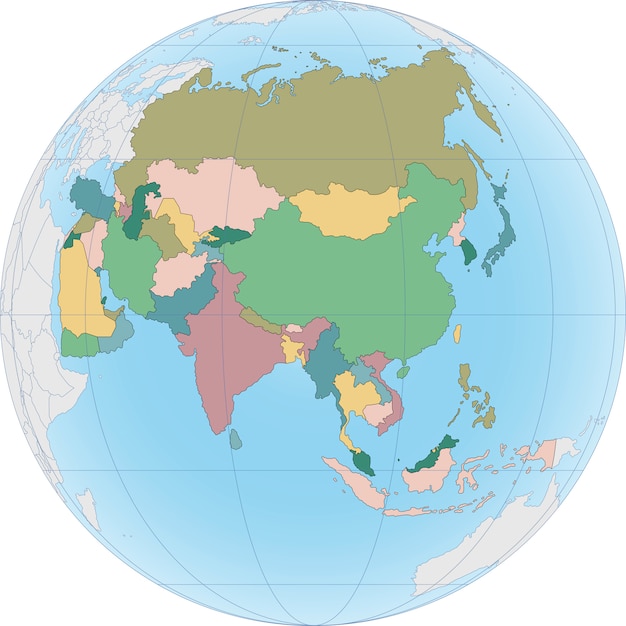 Asia continent is divided by country on the Globe