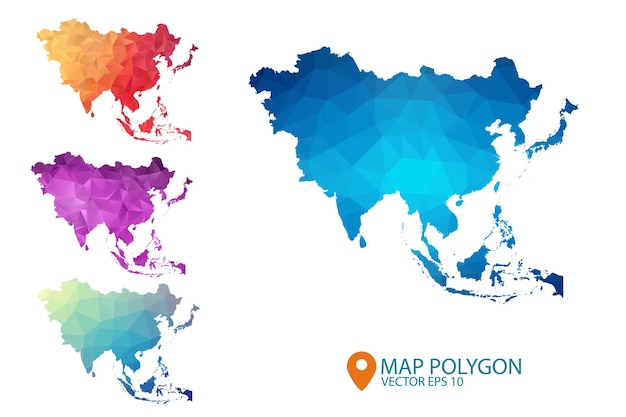 Vector asia map  set of geometric rumpled triangular low poly style gradient graphic background