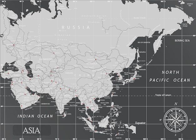 Vector asia minimal map with dark colors