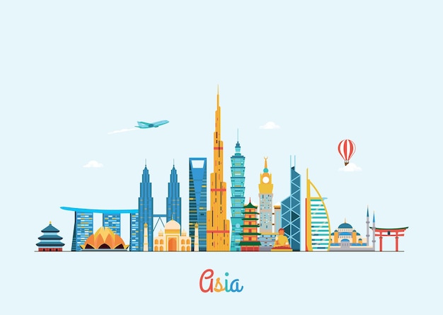 Asia skyline. Travel and tourism background. Vector flat illustration
