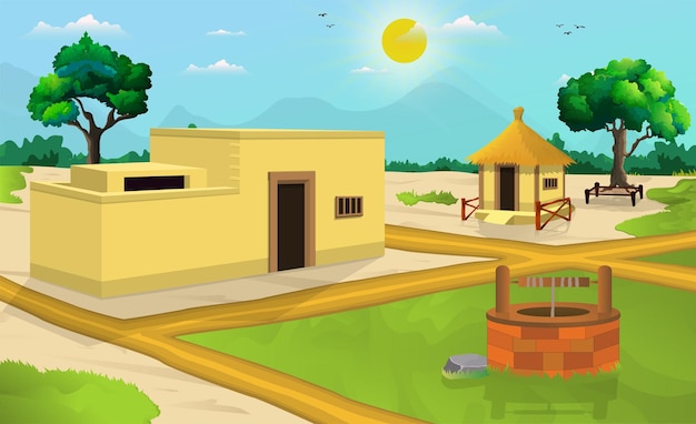 Asia village illustration cartoon background of green meadows field area farmer house