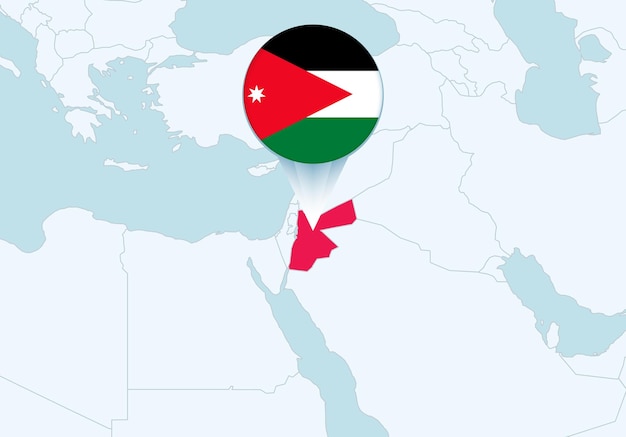 Asia with selected Jordan map and Jordan flag icon