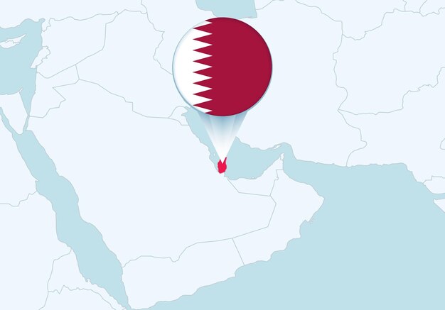 Asia with selected qatar map and qatar flag icon