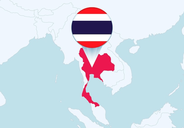 Asia with selected Thailand map and Thailand flag icon