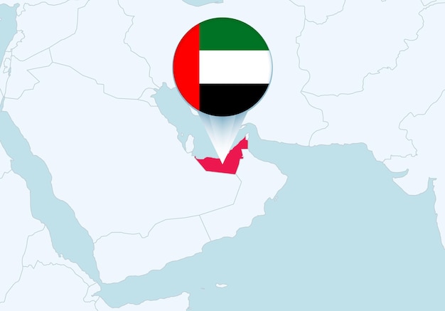 Азия с выбранной картой Объединенных Арабских Эмиратов и значком флага Объединенных Арабских Эмиратов