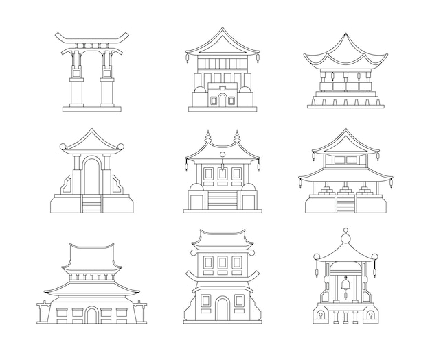 아시아 건축 전통 중국 건물 일본 탑 지붕 corean 동양 여행 개념 그림 화려한 벡터 선형 아시아 세트