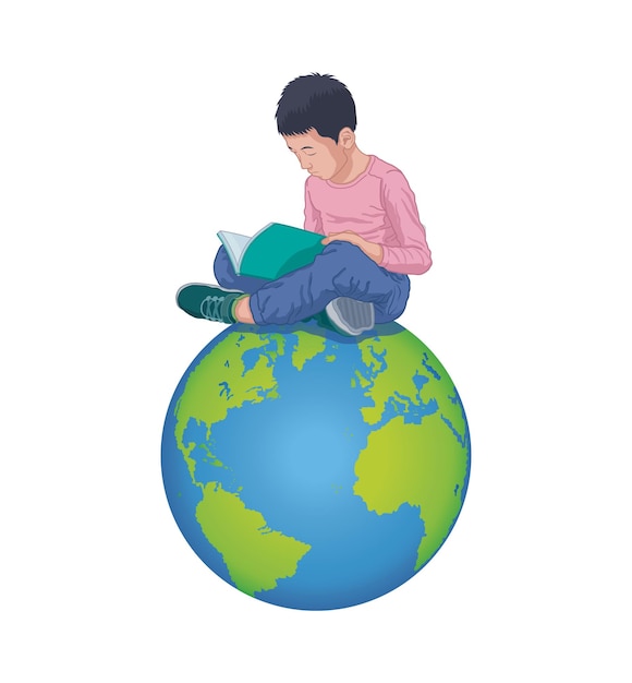 Vector asian boy sitting on earth globe reading book vector illustration