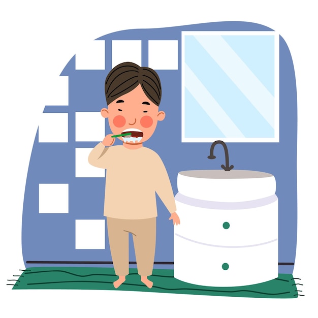 Вектор Азиатский мальчик в бежевой пижаме чистит зубы в ванной, дети соблюдают гигиену