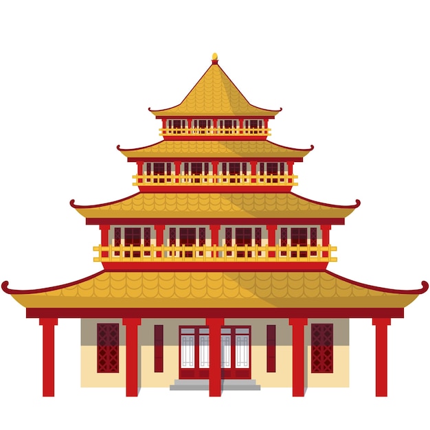 Asian budhist religion temple with a four golden roofs and red pillars in a chinese new year