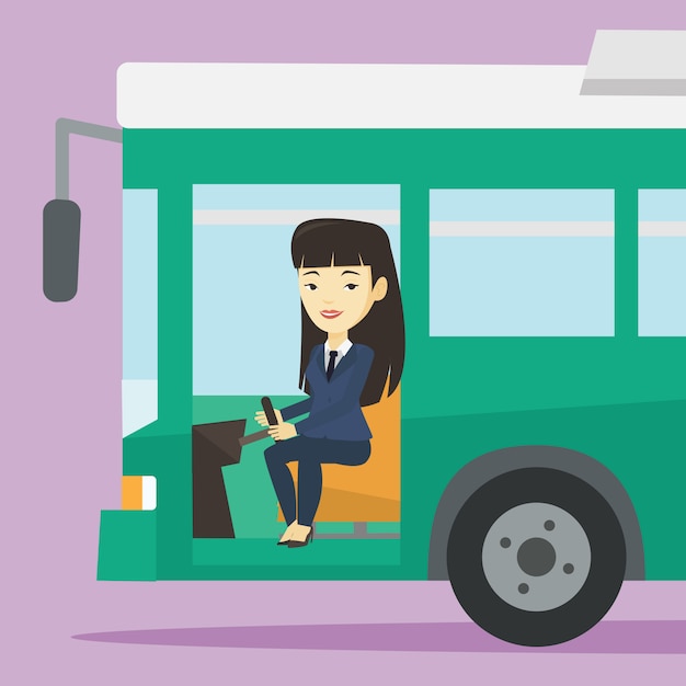 asian bus driver sitting at steering wheel.