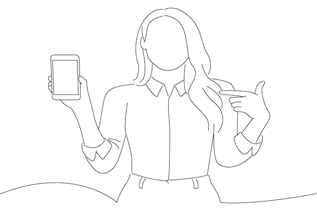 Asian businesswoman showing blank screen mobile phone Line art style