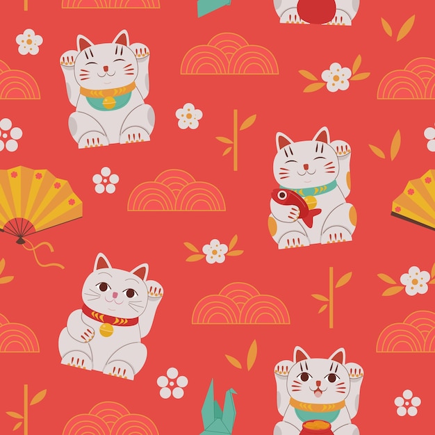 Asian cat pattern china fortune symbols cats neki masks and lanterns vector traditional authentic co