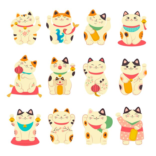 Asian cat Traditional symbols of lucky animal maneki neko belling doll of fortune recent vector collection characters