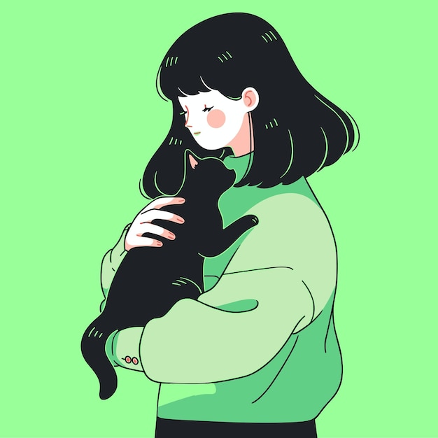 Vector asian chinese girl with black hair holding a black cat