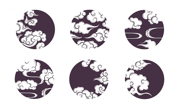 Vector asian circle cloud set. traditional cloudy ornaments in chinese, korean and japanese oriental style.  set of vector decoration retro elements.