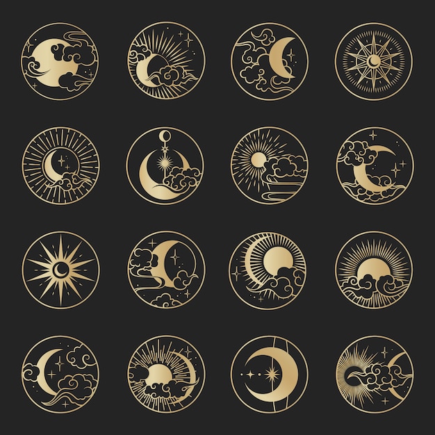 Vector asian circle set with clouds, moon, sun, stars . vector collection in oriental chinese, japanese, korean style.