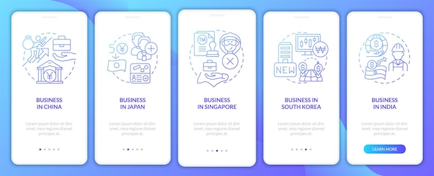 Paesi asiatici per le imprese gradiente blu onboarding schermata dell'app mobile procedura dettagliata in 5 passaggi pagine di istruzioni grafiche con concetti lineari modello gui ui ux myriad probold font regolari utilizzati