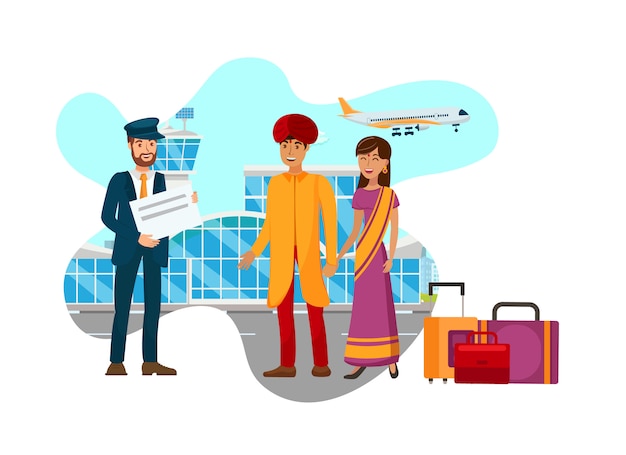 Asian couple arriving at airport flat illustration