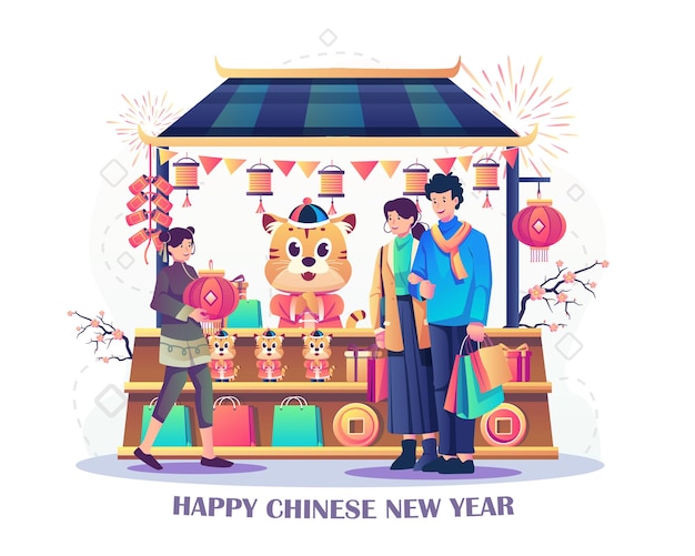 Vector asian couple buying things from a traditional street market with goods and souvenir illustration