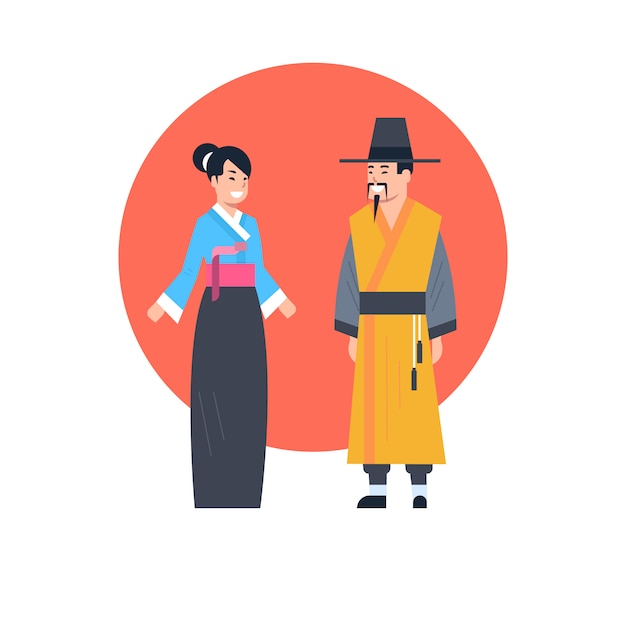 Vettore le coppie asiatiche che indossano il costume asiatico hanno isolato il concetto tradizionale dei vestiti della corea della raccolta asiatica del vestito