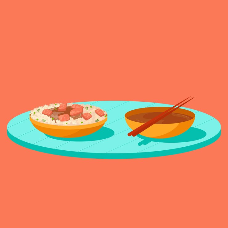 Азиатская кухня, на доске миска с рисом и лососем и палочки с соусом