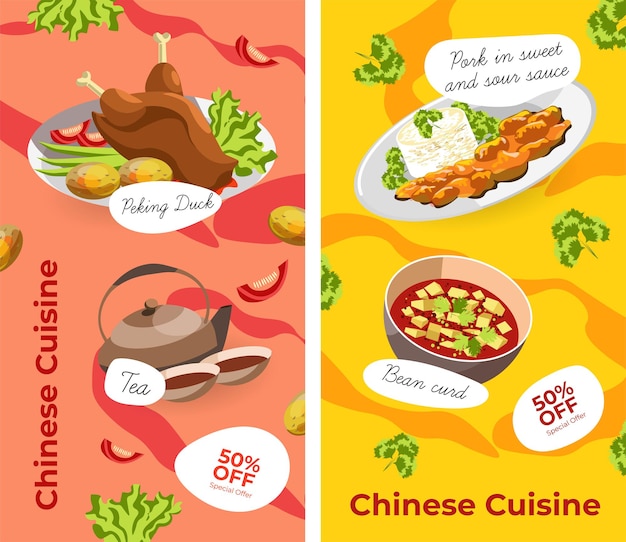 Asian cuisine, chinese food and dishes served on plates. pork in sweet and sour sauce, bean curd, peking duck, tea beverage. promotional banner or poster, cafe or restaurant menu. vector in flat