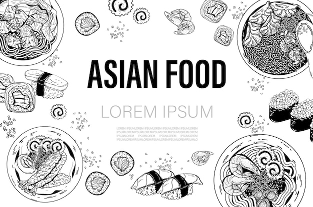 Vector asian cuisine sketch collection hand drawn vector illustration asian food set