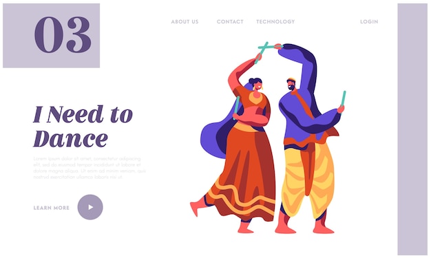 Danza asiatica al festival nazionale in india landing page. spettacolo di danza classica. ballerino di uomo che esegue coreografie al sito web o pagina web di prestazioni cerimoniali illustrazione di vettore del fumetto piatto