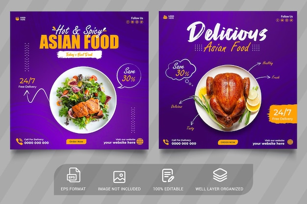 아시아 맛있는 음식 메뉴 소셜 미디어 게시물 템플릿