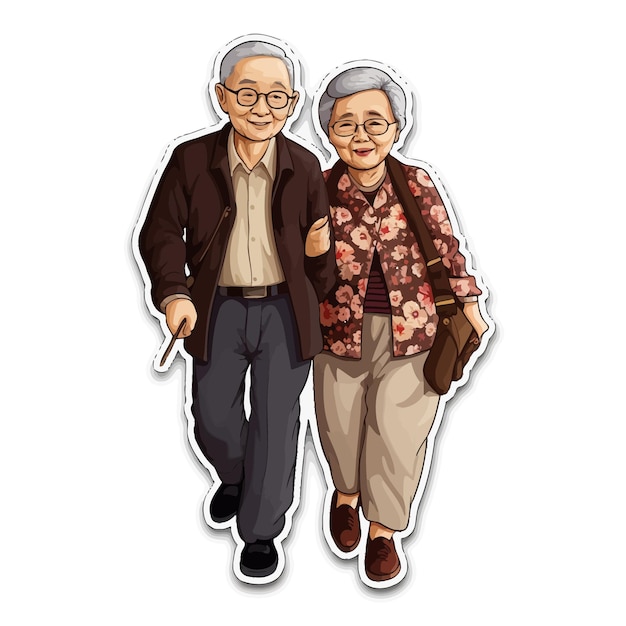 Vector asian elderly man and woman sticker