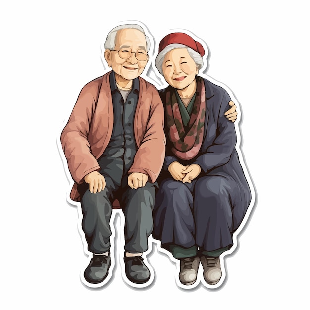 Vector asian elderly man and woman sticker