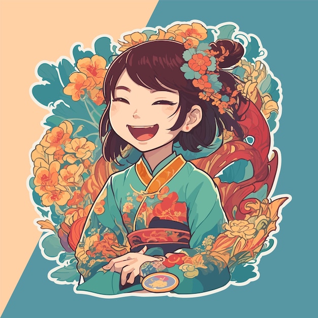 Asian Elegance Vector Art of Joyful Chinese Lady amidst Flowers Ideal for TShirt Prints