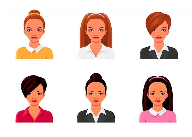 Vector asian and european girls in business suits. female avatars set.  isolated illustrations of women with various hairstyles and clothes