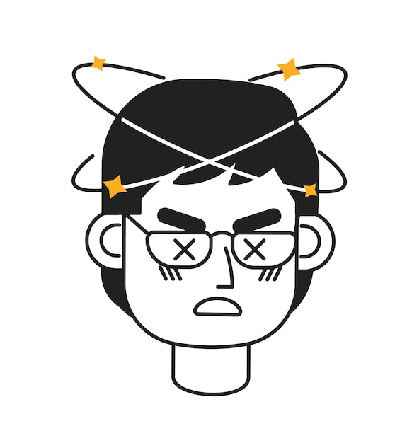 アジアの眼鏡男めまいを感じるモノクロ フラット線形文字頭めまいのある男性編集可能なアウトライン手描き人間の顔アイコン 2D 漫画スポット ベクトル アバター アニメーション用イラスト