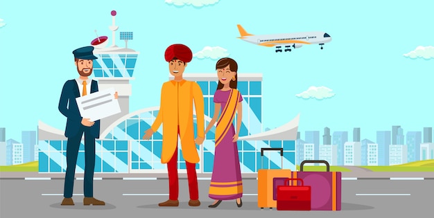 Asian family at airport flat color illustration