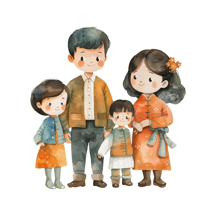 Vector asian family vector illustration in watercolor style