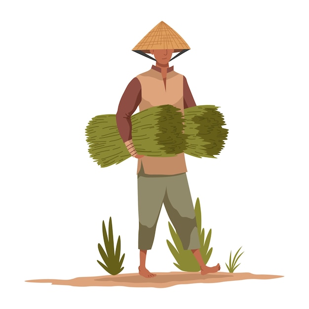 asian farmer in straw conical hat asia rural culture chinese farmer carrying yields harvest in his