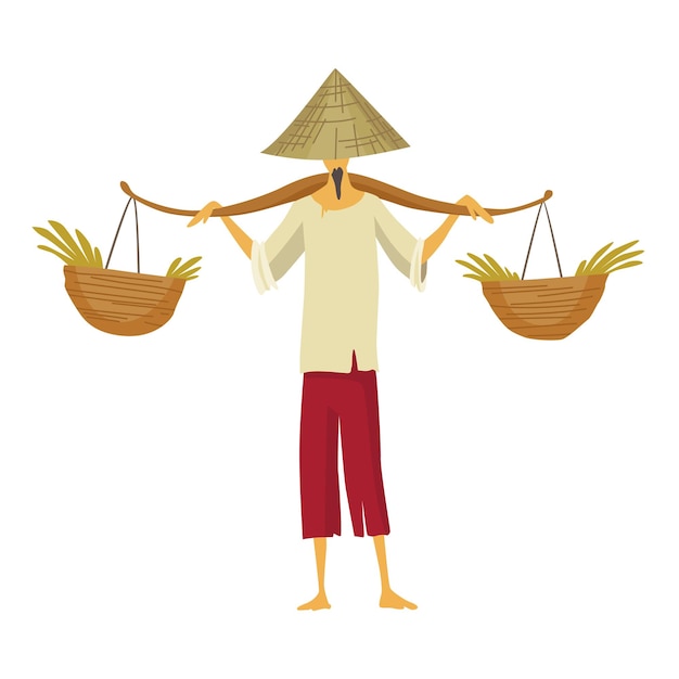 Asian farmer in straw conical hat asia rural culture chinese farmer carrying yields rice harvest on his shoulders vector cartoon illustration