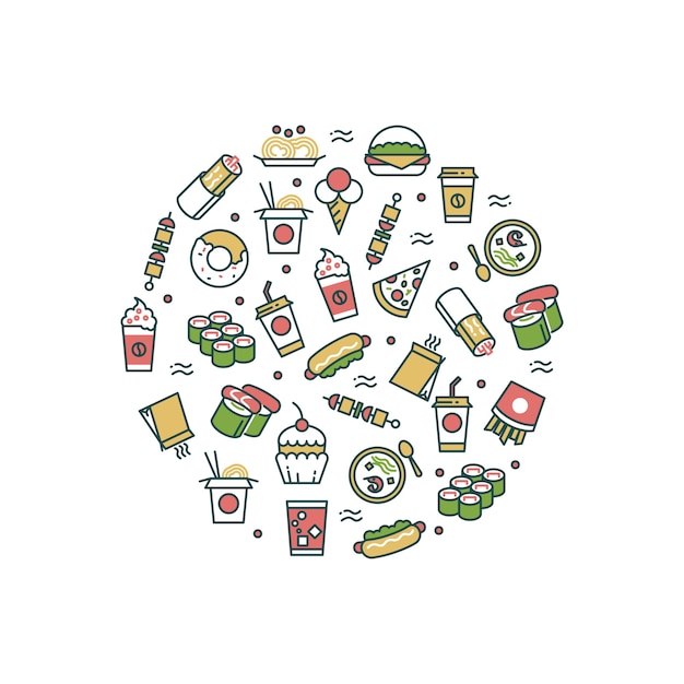 Vector asian fast food line icons in round form concept