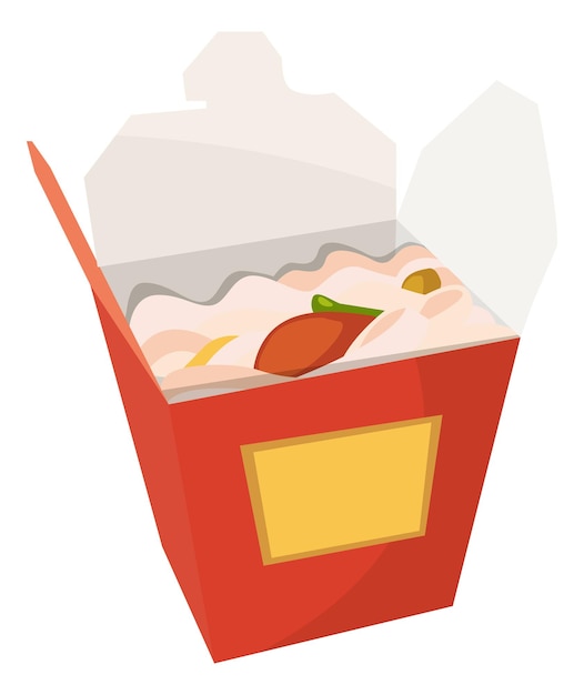 Vector asian fast food in red paper box cartoon icon isolated on white background