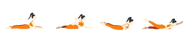 Vector asian female yoga poses set in cartoon flat style