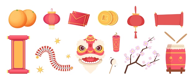 Asian festive elements. dragon mask, fireworks, drum and scrolls, paper lantern and coins isolated set. illustration festival traditional object collection