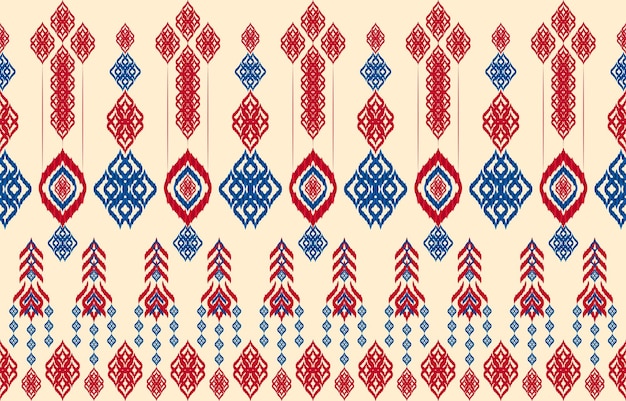 Asian folk geometric ethnic red blue line ikat seamless fabric pattern. Elegant eggshell background.