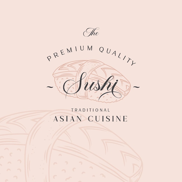 Asian food abstract logo template disegnato a mano sushi sashimi roll e tipografia moderna cucina giapponese concetto di emblema vettoriale isolato