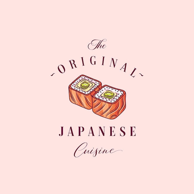 Asian Food Abstract Sign Symbol or Logo Template Hand Drawn Sushi or Sashimi and Retro Typography Japanese Cuisine Vector Emblem Concept Isolated