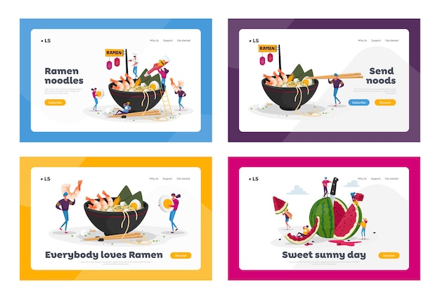 Vector asian food cafe, watermelon snack landing page template set