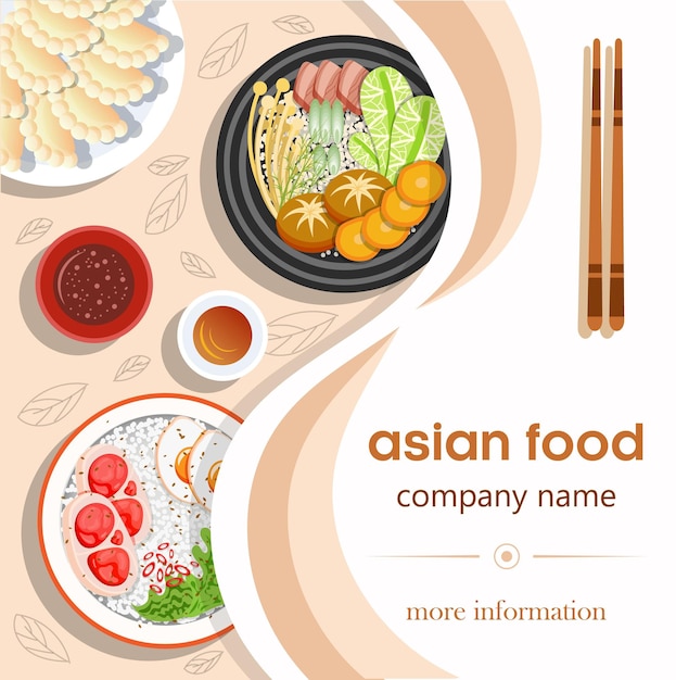 バナー、チラシ用のアジア料理漫画テンプレート デザイン。