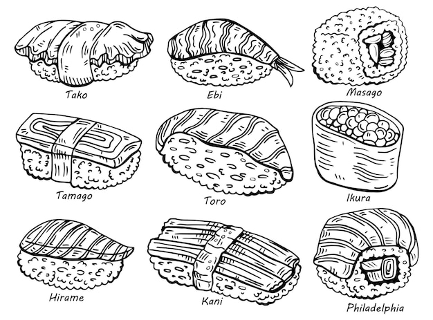 Asian Food-collectie. Sushi. Schets stijl. Vector hand getekende illustratie.